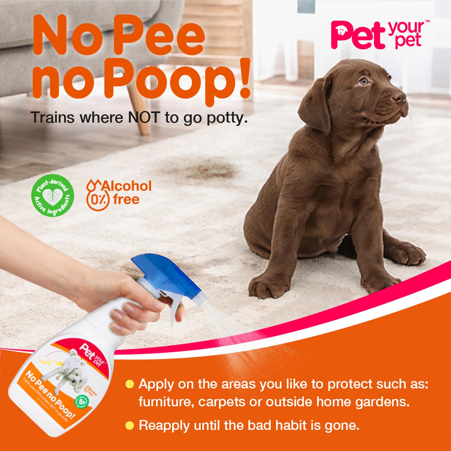 PET YOUR PET No Pee No Poop spray 16oz packaging offers convenient home use.