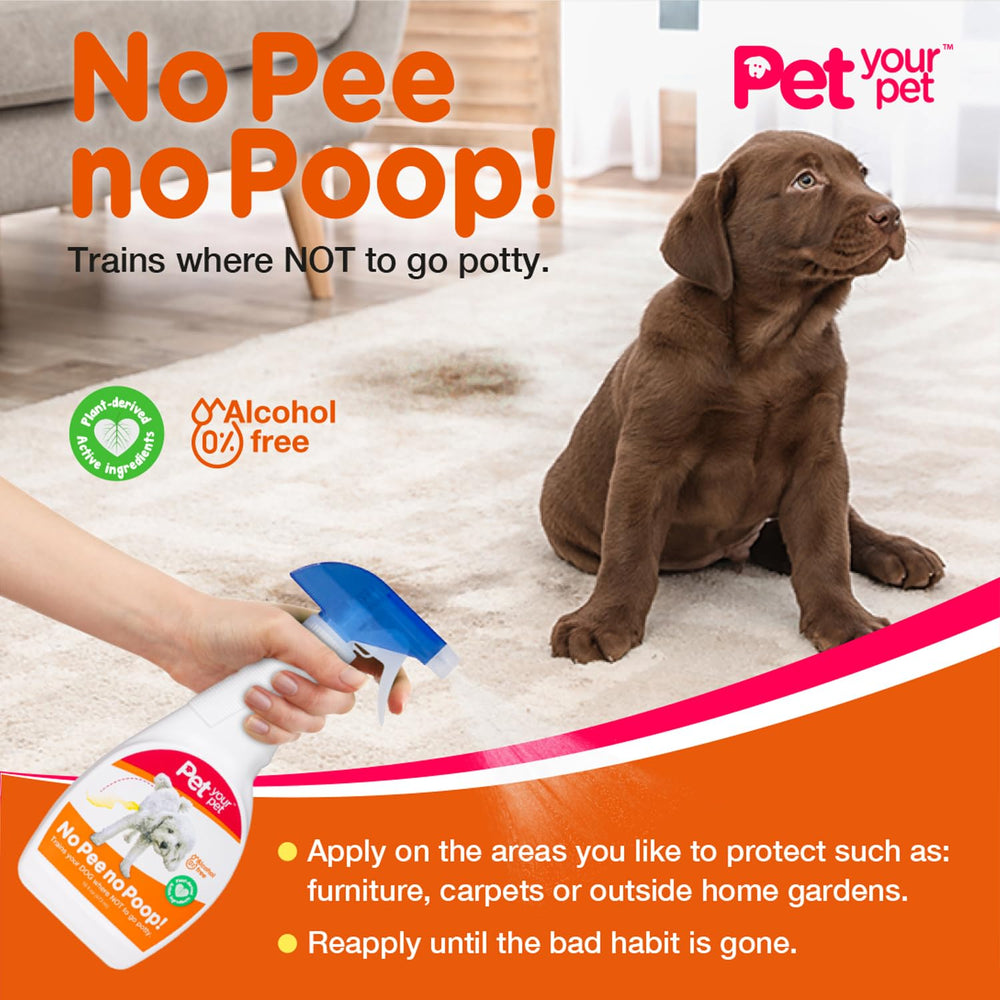 PET YOUR PET No Pee No Poop spray 16oz packaging offers convenient home use.