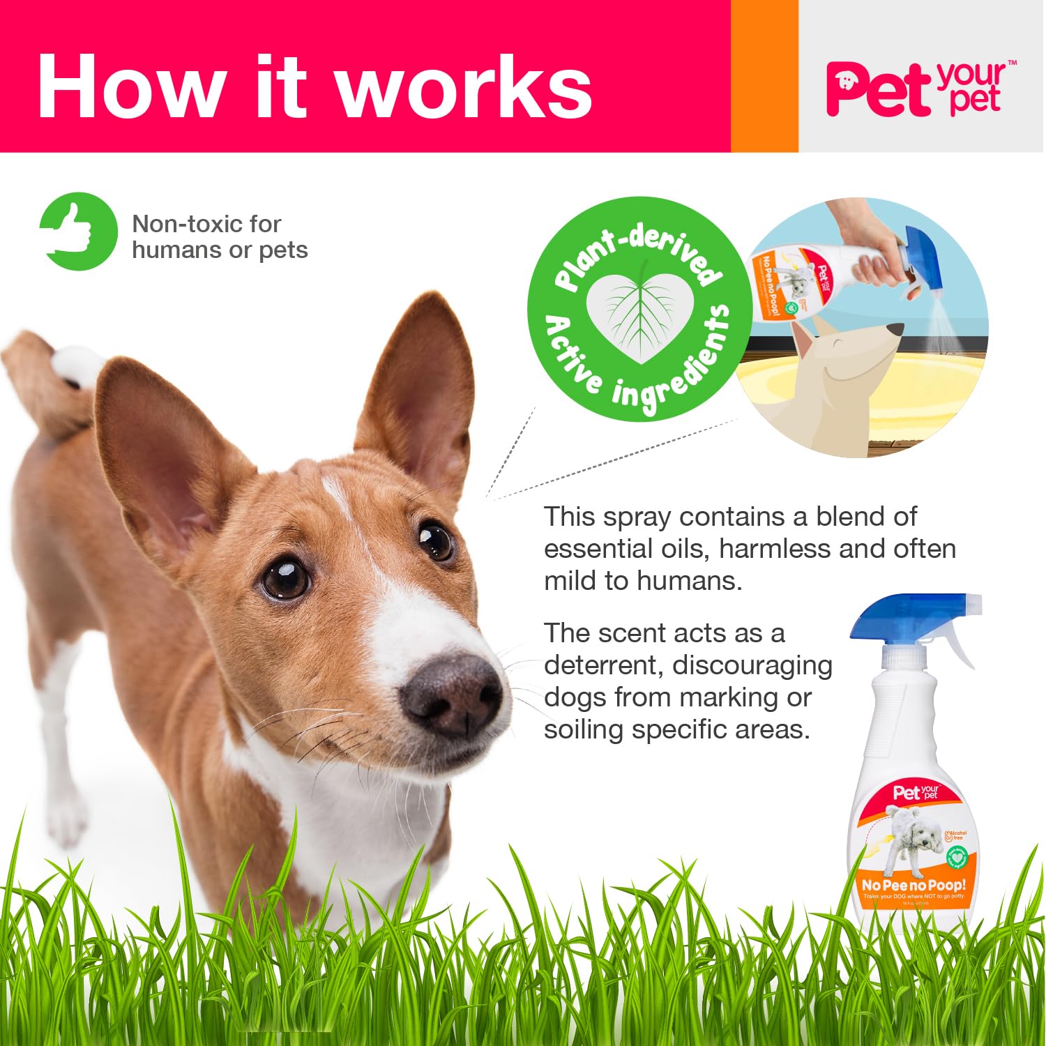 PET YOUR PET No Pee No Poop spray used indoors and outdoors for training.