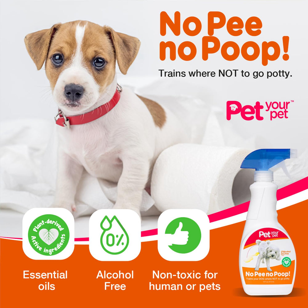 PET YOUR PET No Pee No Poop spray label art highlights branding and design.