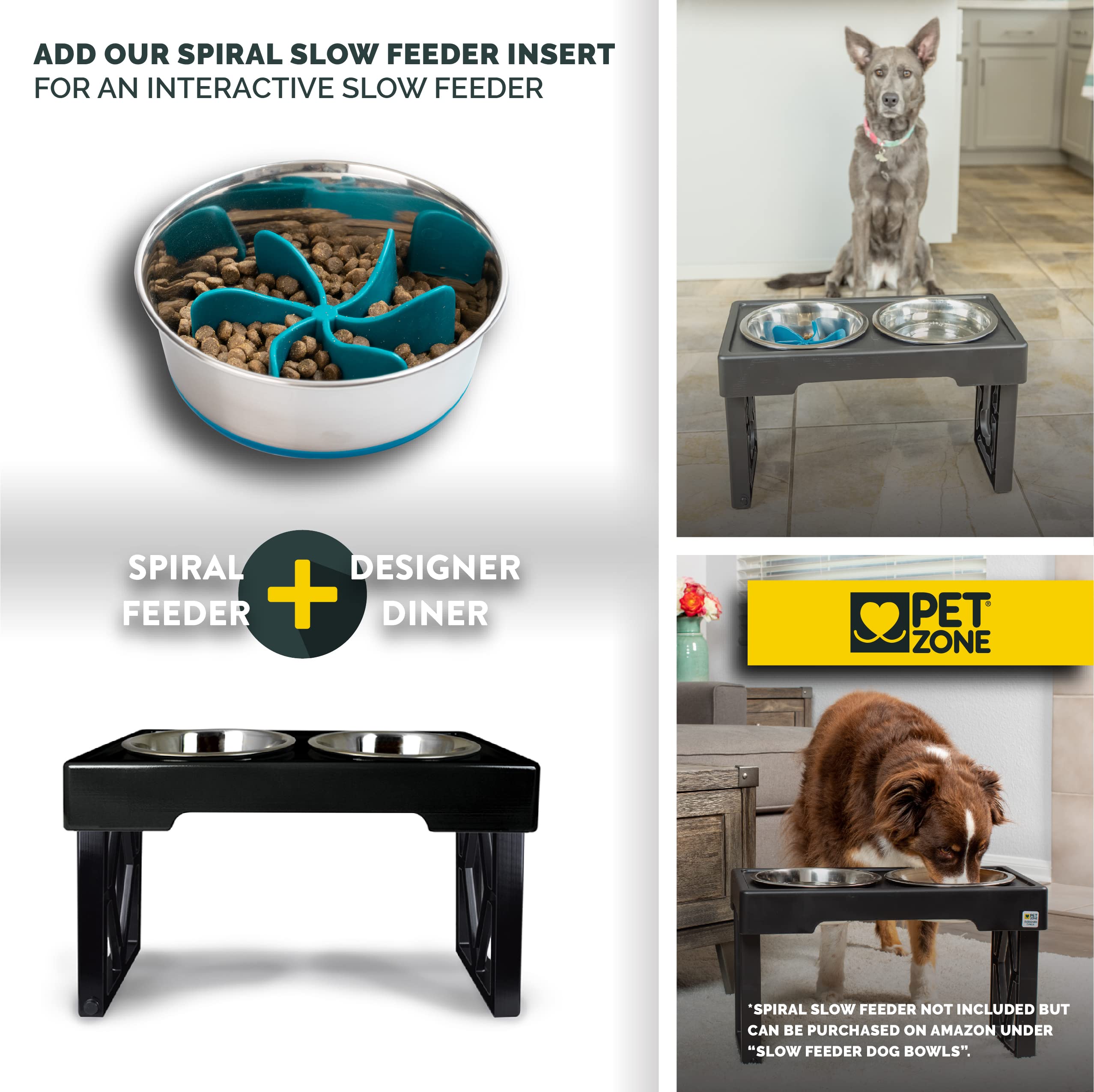Pet Zone Designer Diner shows four rust-resistant stainless steel bowls included.