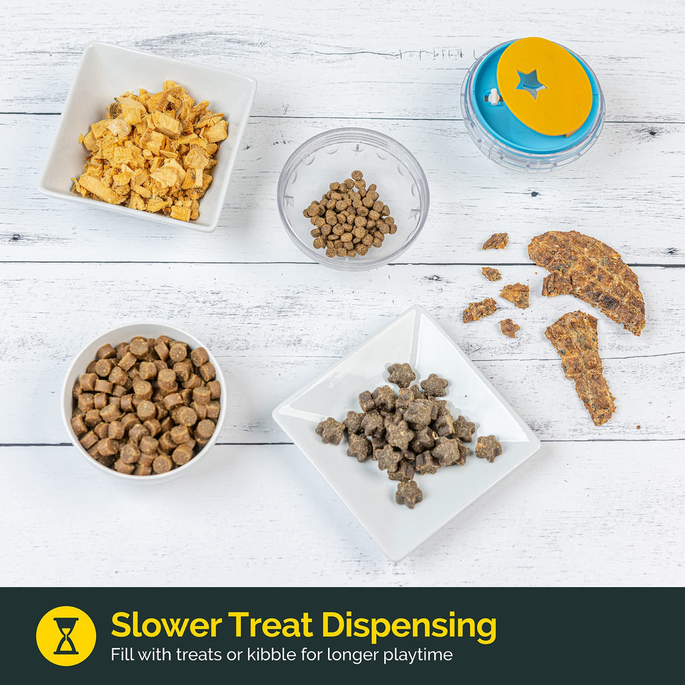 Pet Zone IQ Treat Ball adjustable difficulty demonstrates scalable challenge for dogs.