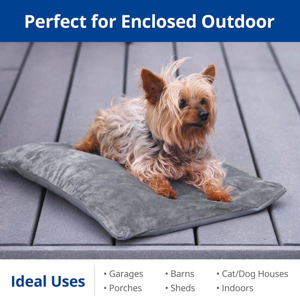 Petace outdoor heated bed side view highlights steel-wrapped cord for outdoor use