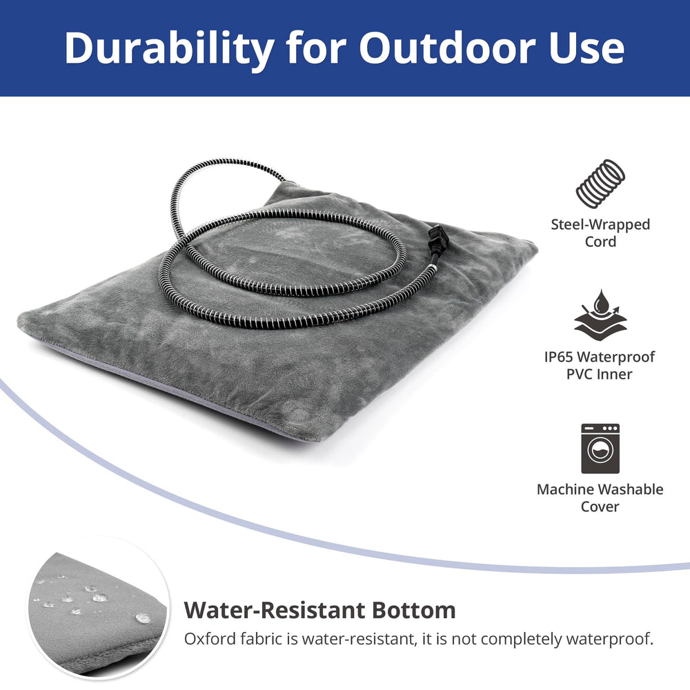 Petace outdoor heated cat bed auto warmth showcases preset temperature as pets settle.