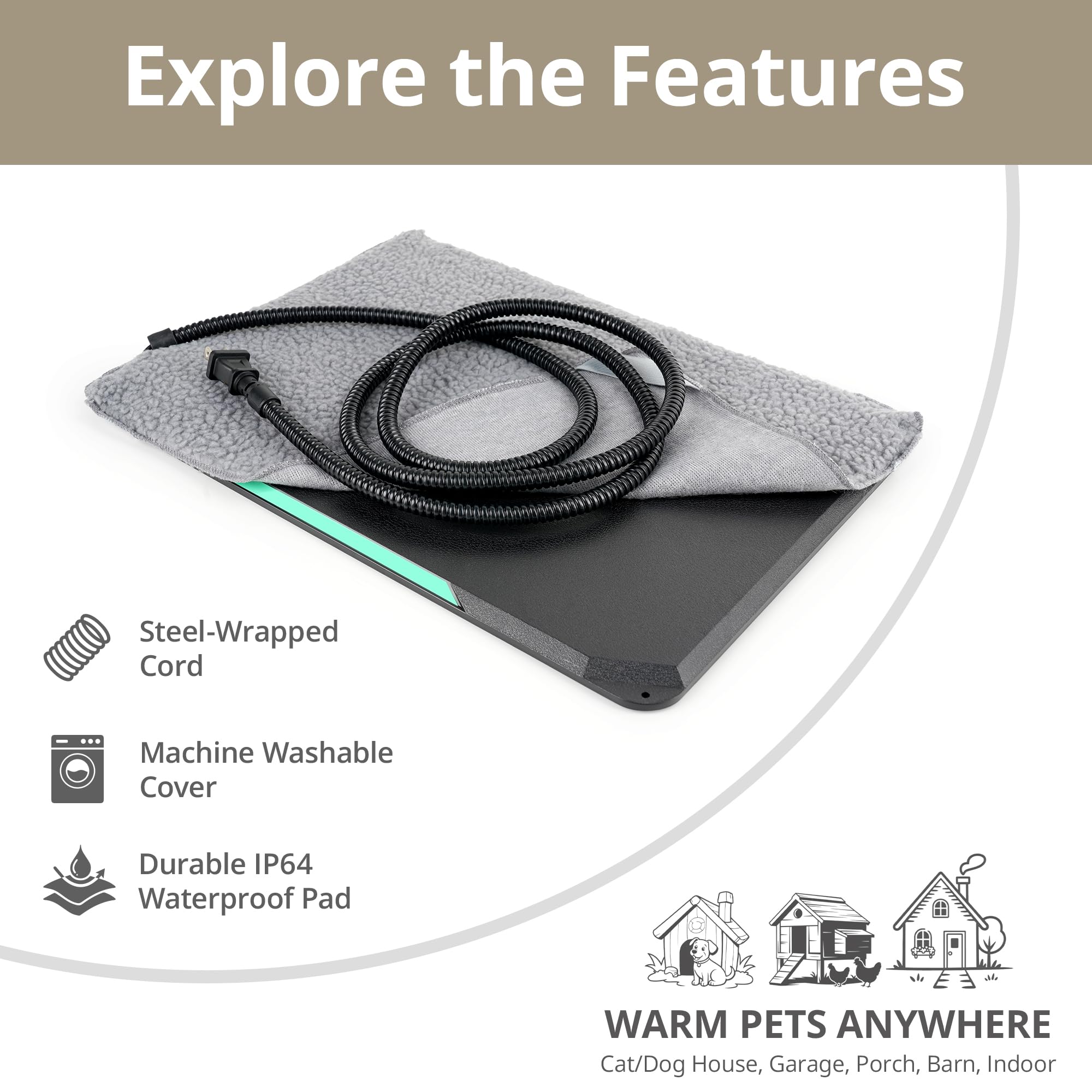Petace Outdoor Heated Pad thermostat control — automatic warmth maintains comfortable temps.