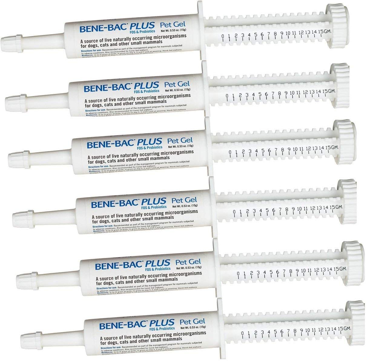 PetAg Bene-Bac Plus Gel 6-pack syringes, convenient at-home probiotic support.