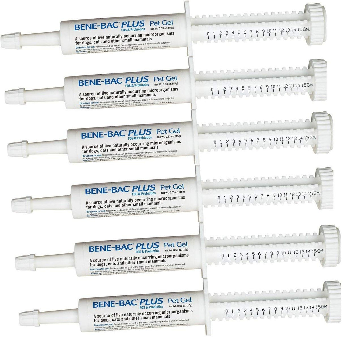 PetAg Bene-Bac Plus Gel 6-pack syringes, convenient at-home probiotic support.