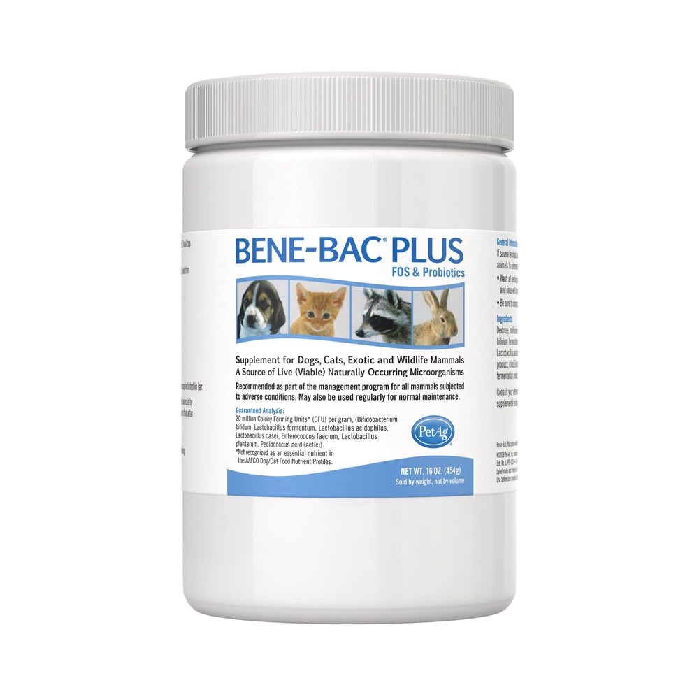 PetAg Bene-Bac Plus powder tub for dogs and cats digestion.