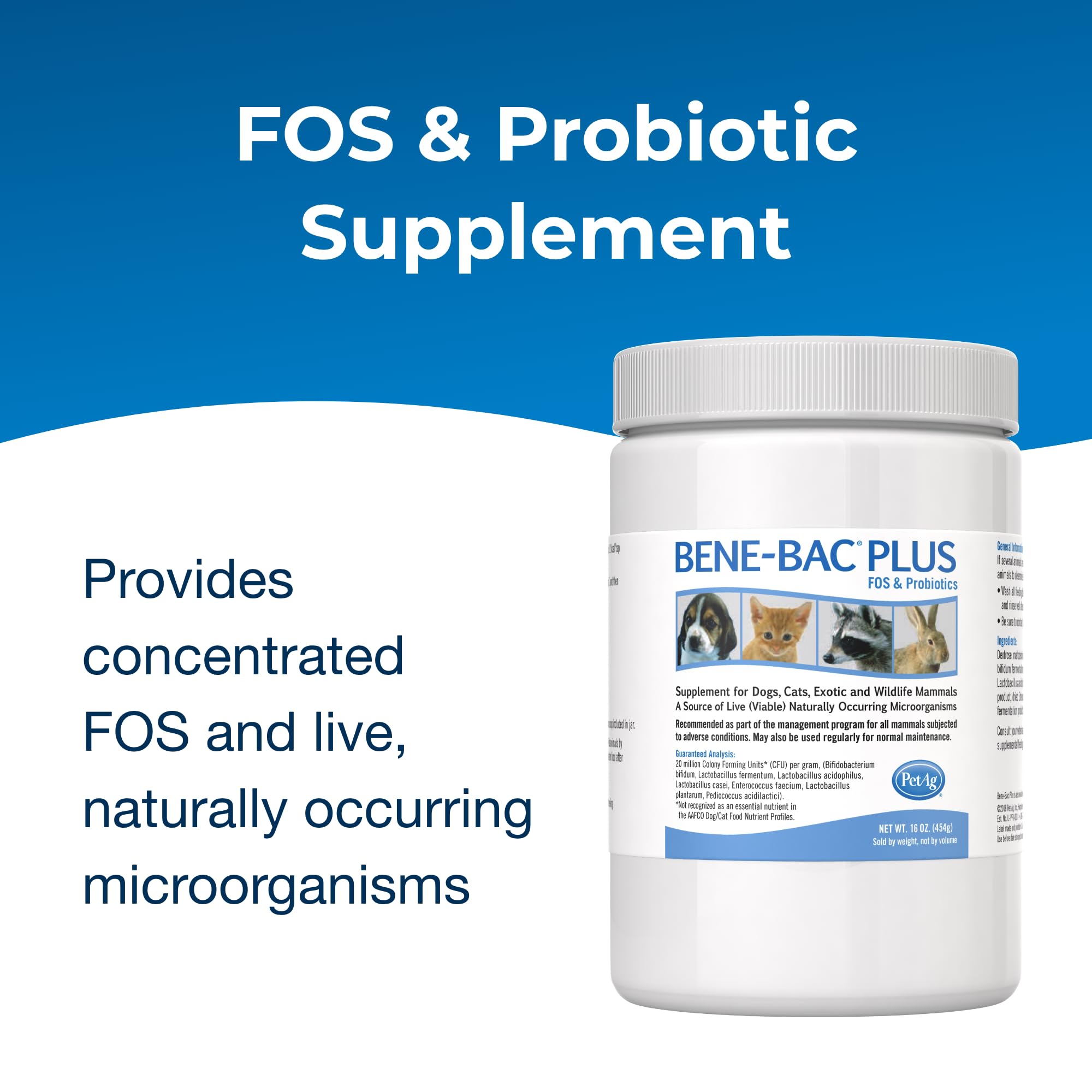 PetAg Bene-Bac Plus label highlights FOS and probiotic benefits.