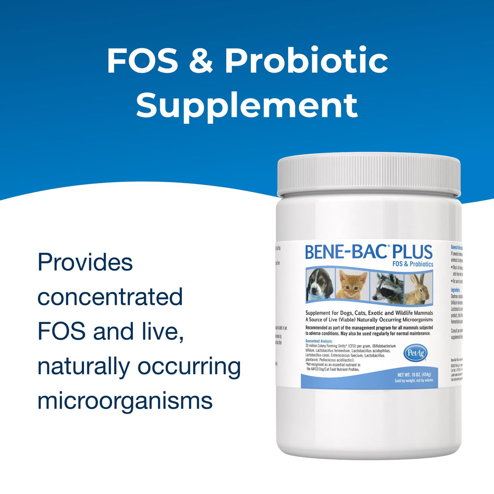 PetAg Bene-Bac Plus label highlights FOS and probiotic benefits.