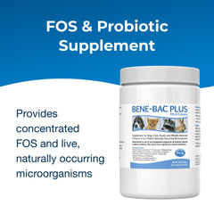 PetAg Bene-Bac Plus label highlights FOS and probiotic benefits.