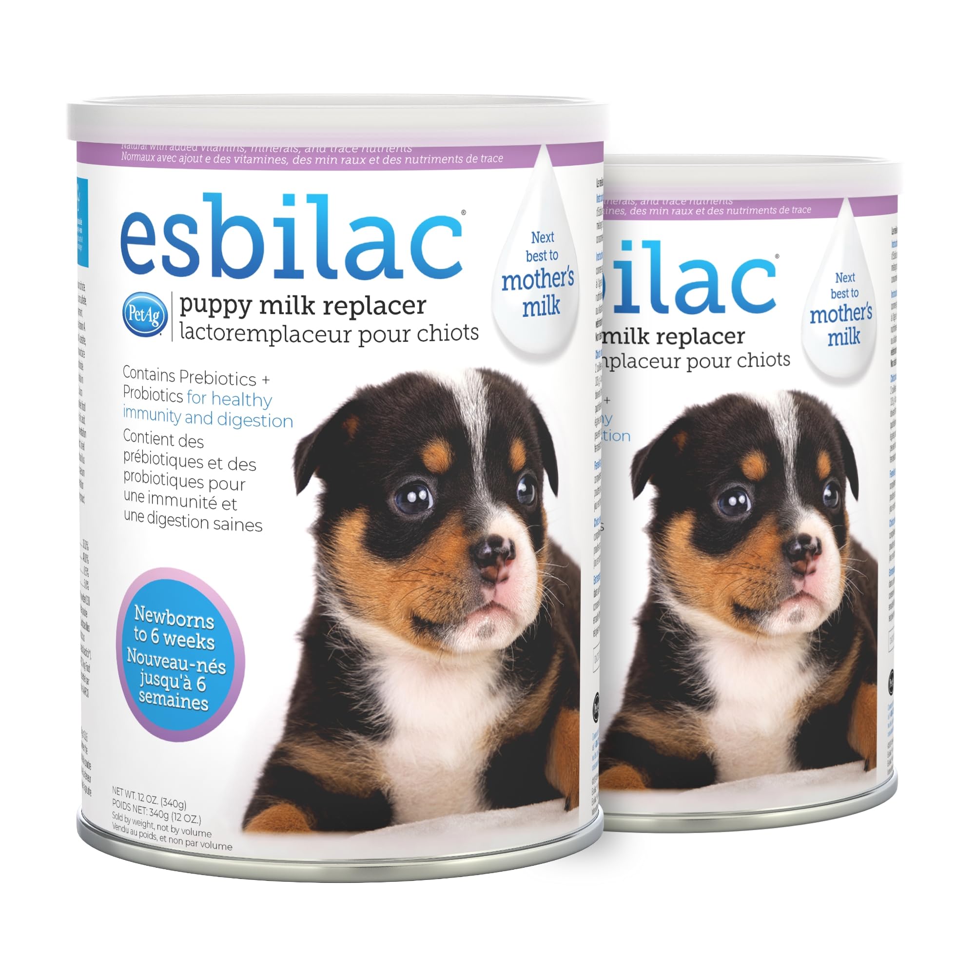PetAg Esbilac puppy milk replacer powder jar showcasing balanced nutrition for newborns.