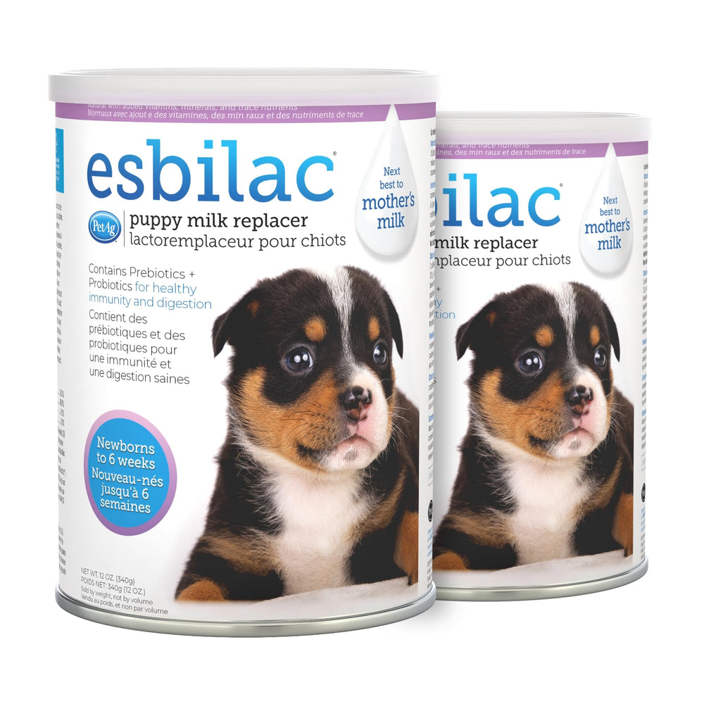 PetAg Esbilac puppy milk replacer powder jar showcasing balanced nutrition for newborns.
