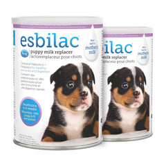 PetAg Esbilac puppy milk replacer powder jar showcasing balanced nutrition for newborns.