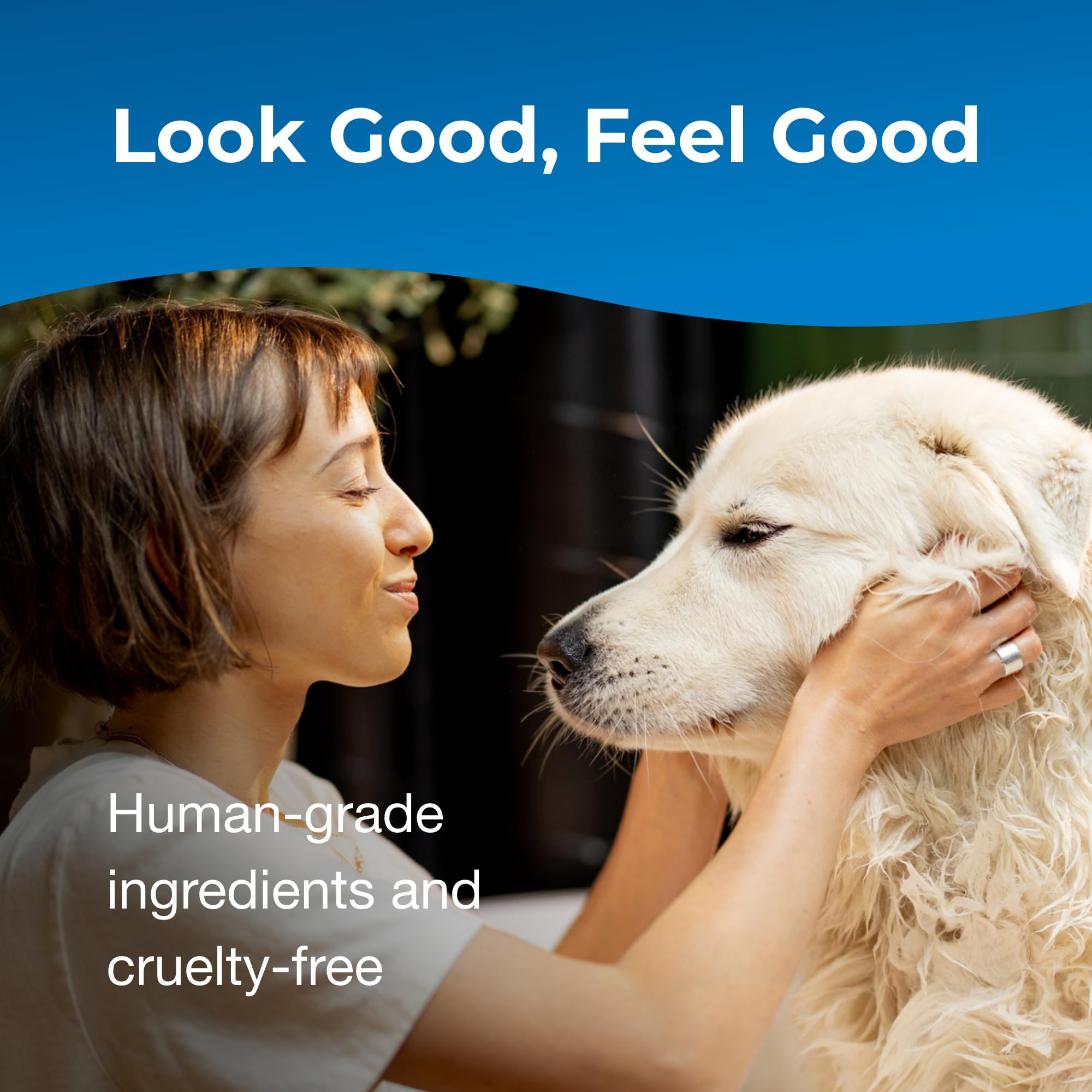 PetAg Fresh ’n Clean shampoo close-up on soft, shiny coat and lingering tropical scent.