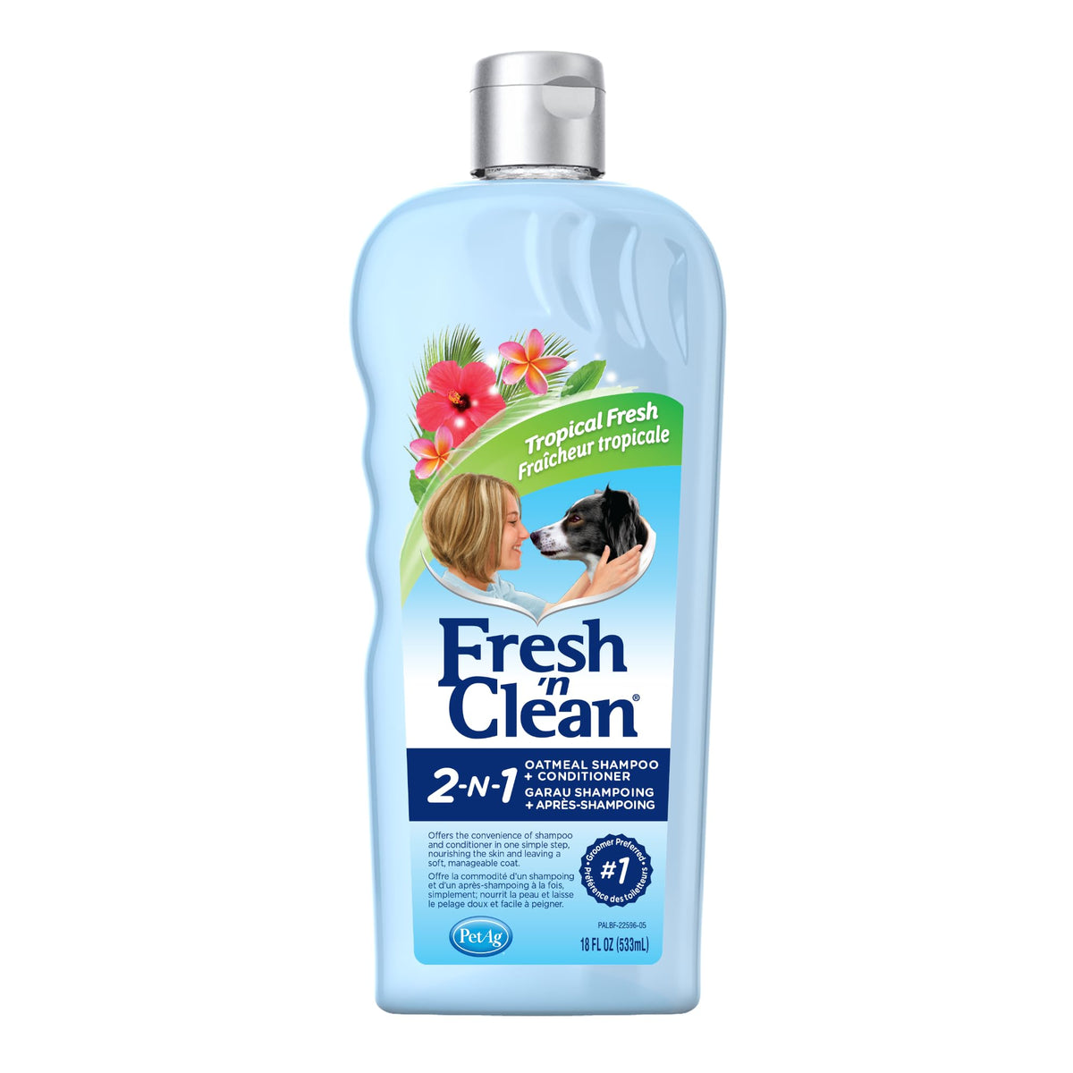 PetAg Fresh ’n Clean 2-N-1 shampoo bottle with tropical scent for easy coat conditioning.