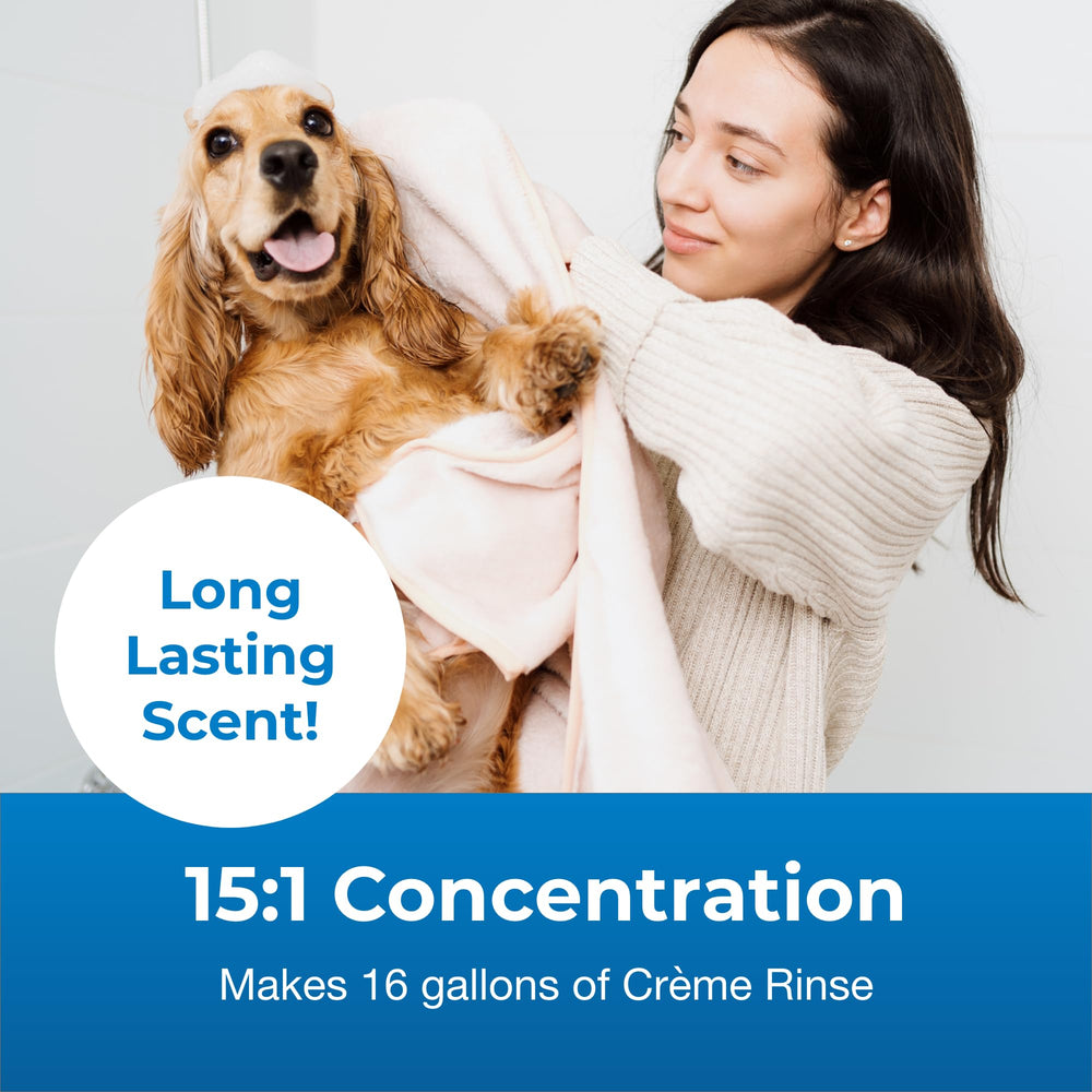 Pouring creme rinse along a dog's back shows easy application and detangling