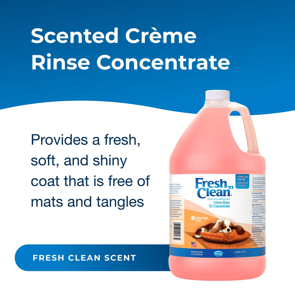 PetAg Fresh ’n Clean Creme Rinse packaging highlights 15to1 concentrate for economical grooming