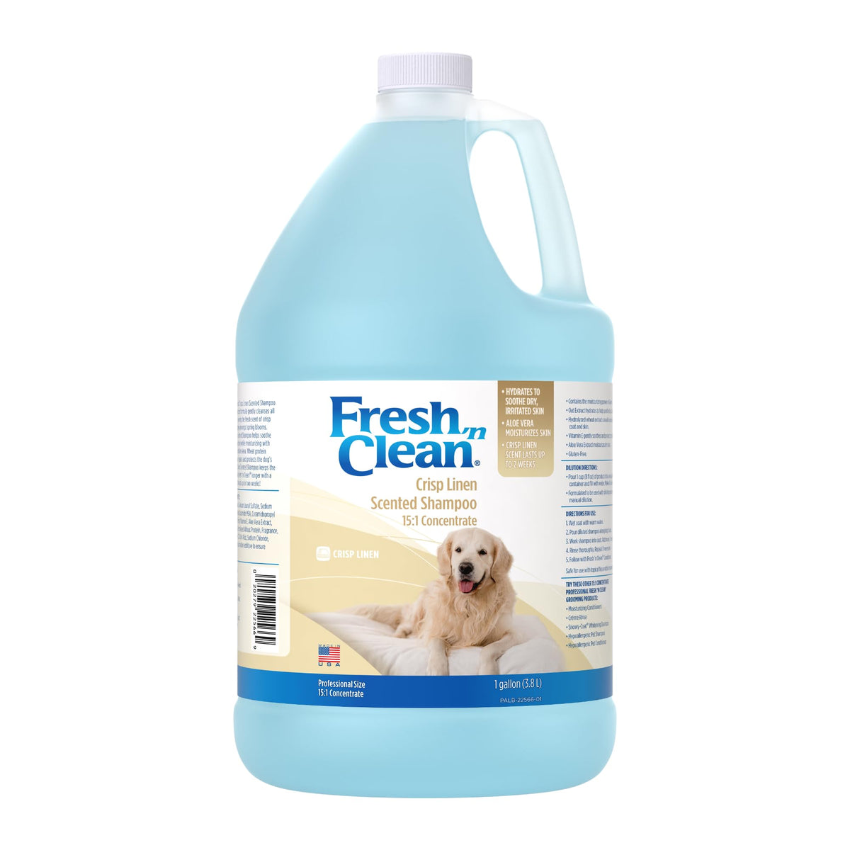PetAg Fresh ’n Clean Crisp Linen shampoo bottle front shows 1-gallon size for home grooming.