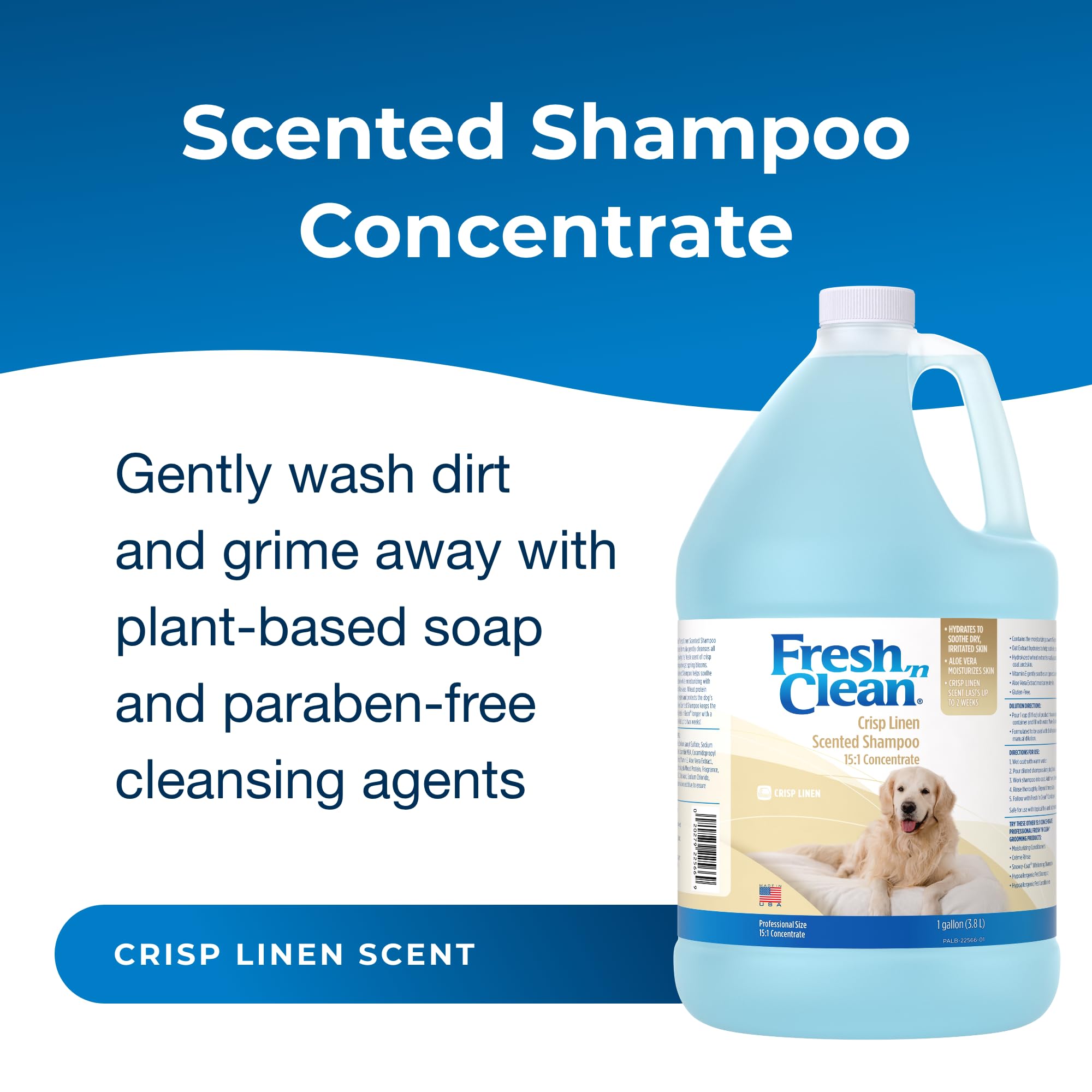 PetAg Crisp Linen shampoo lather action on a dog's coat for thorough cleansing.