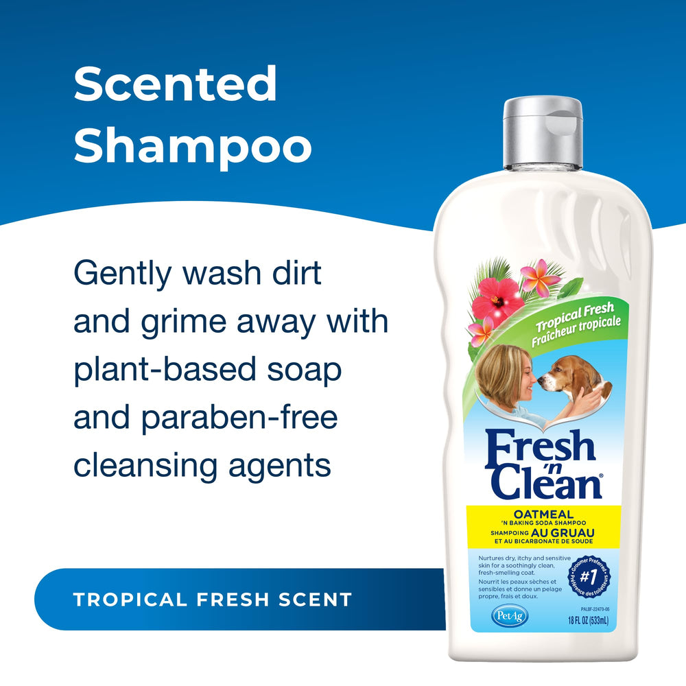 PetAg Fresh ’n Clean shampoo bottle back label lists vitamin E and aloe benefits.