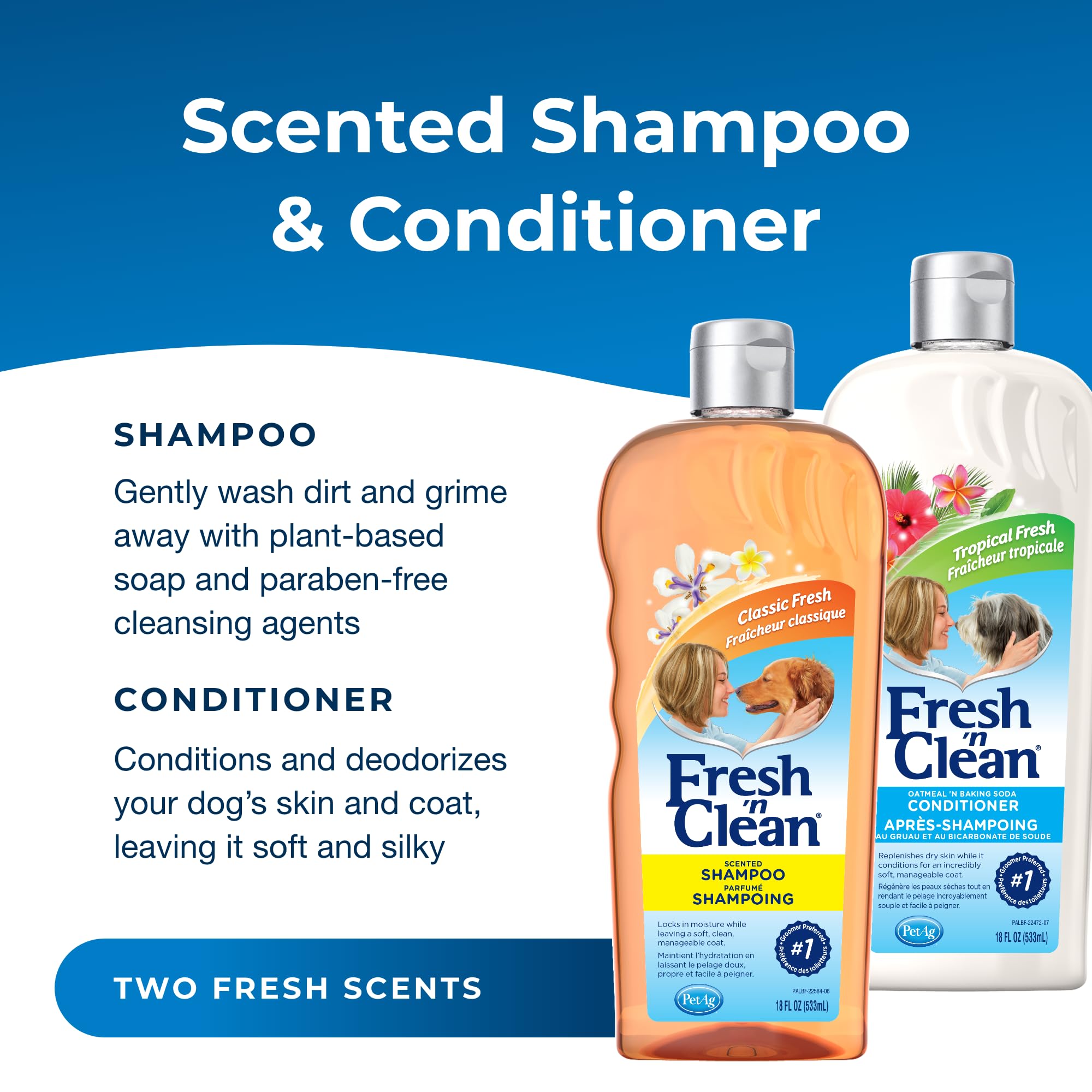 PetAg Fresh ’n Clean Shampoo label close-up showing pH-balanced formula for sensitive skin.
