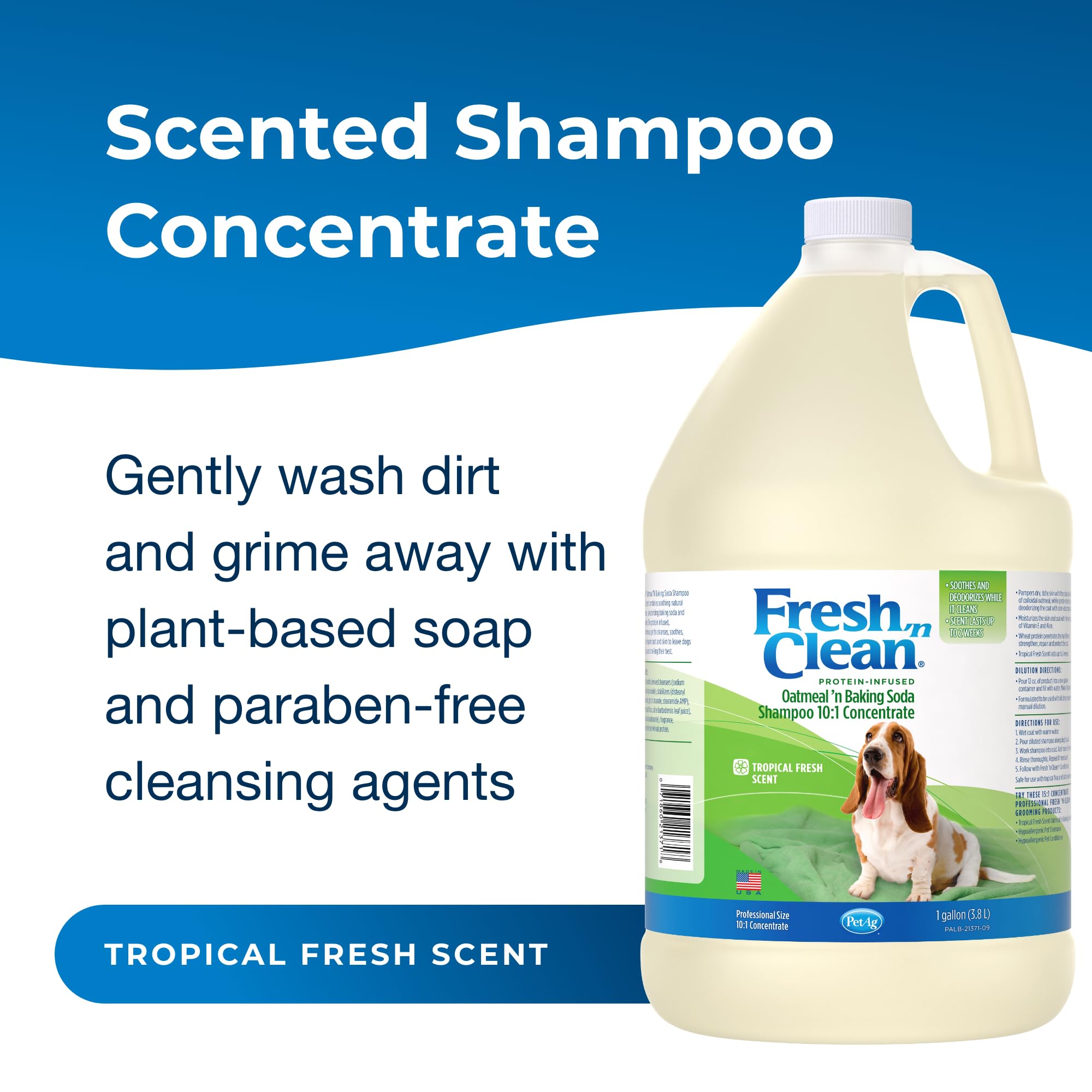 PetAg Fresh ’n Clean tropical-fresh-label highlights long-lasting scent on fur.
