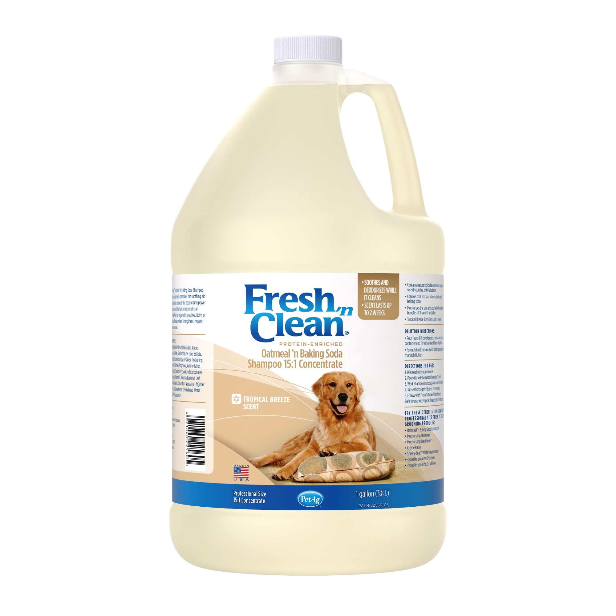 PetAg Fresh ’n Clean Tropical Fresh shampoo bottle highlights lasting odor control for dogs