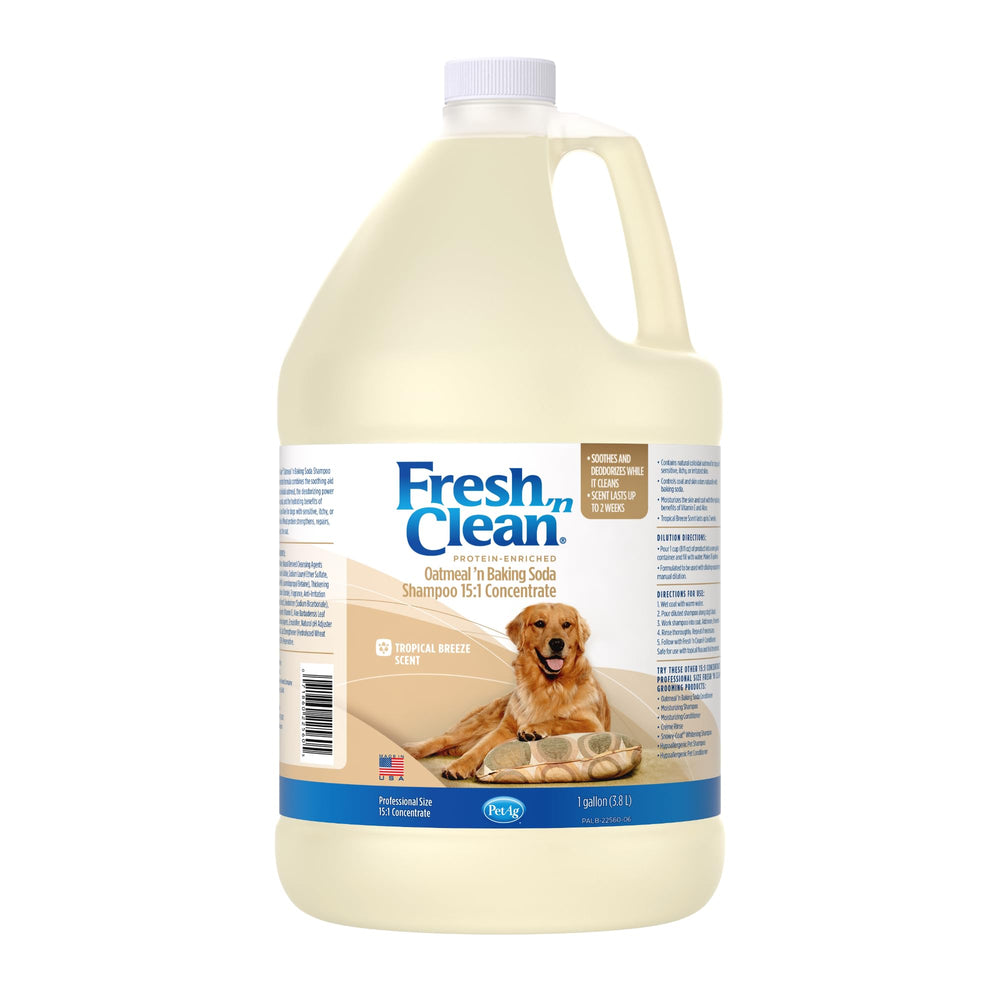 PetAg Fresh ’n Clean Tropical Fresh shampoo bottle highlights lasting odor control for dogs
