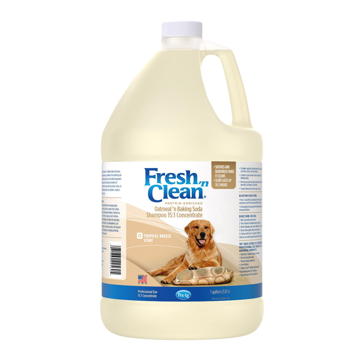 PetAg Fresh ’n Clean Tropical Fresh shampoo bottle highlights lasting odor control for dogs