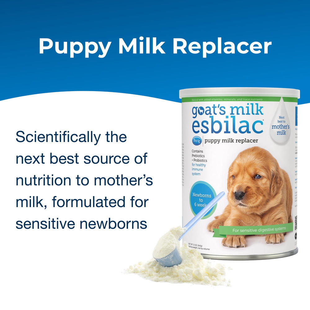 PetAg Goat’s Milk Esbilac powder scoop shows simple portioning for reliable mixing.