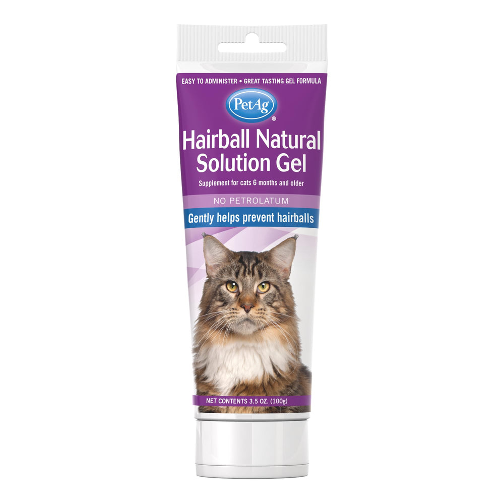 PetAg Hairball Natural Solution Gel bottle—petrolatum-free formula offers gentle hairball support.