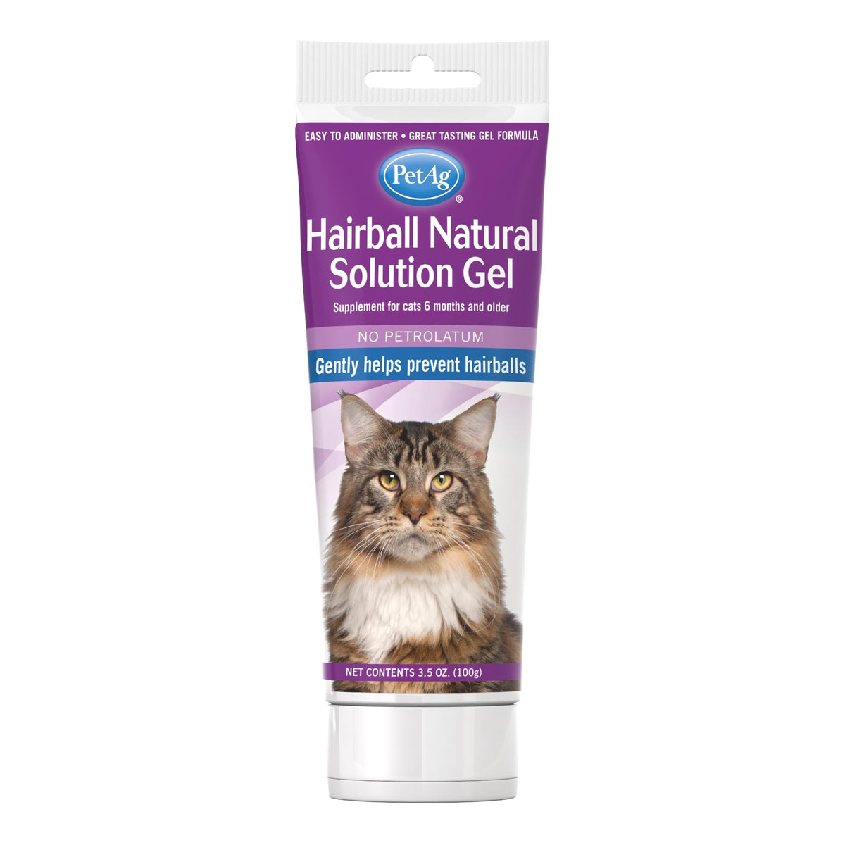 PetAg Hairball Natural Solution Gel bottle—petrolatum-free formula offers gentle hairball support.