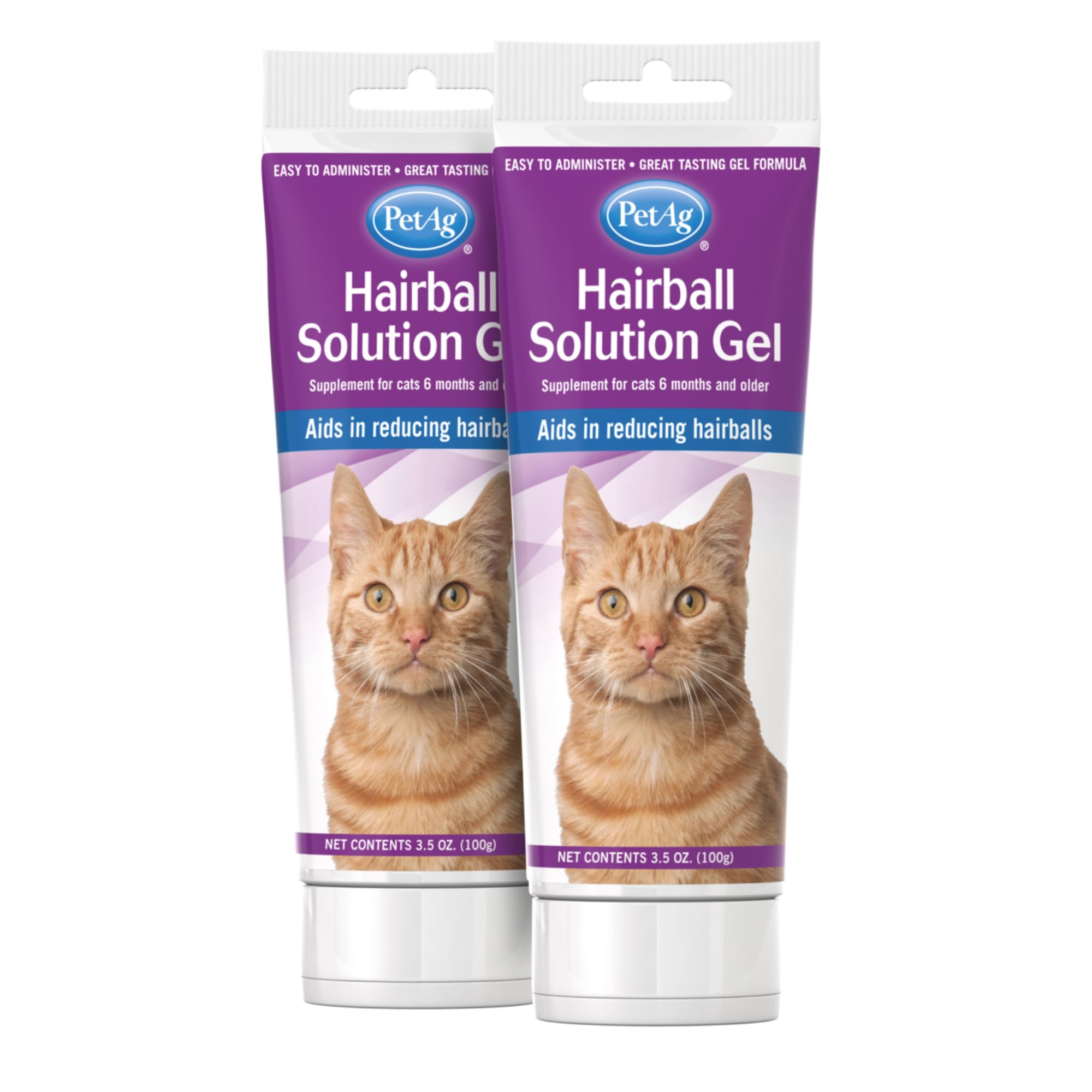 PetAg Hairball Solution Gel two-pack packaging aids quick hairball support.