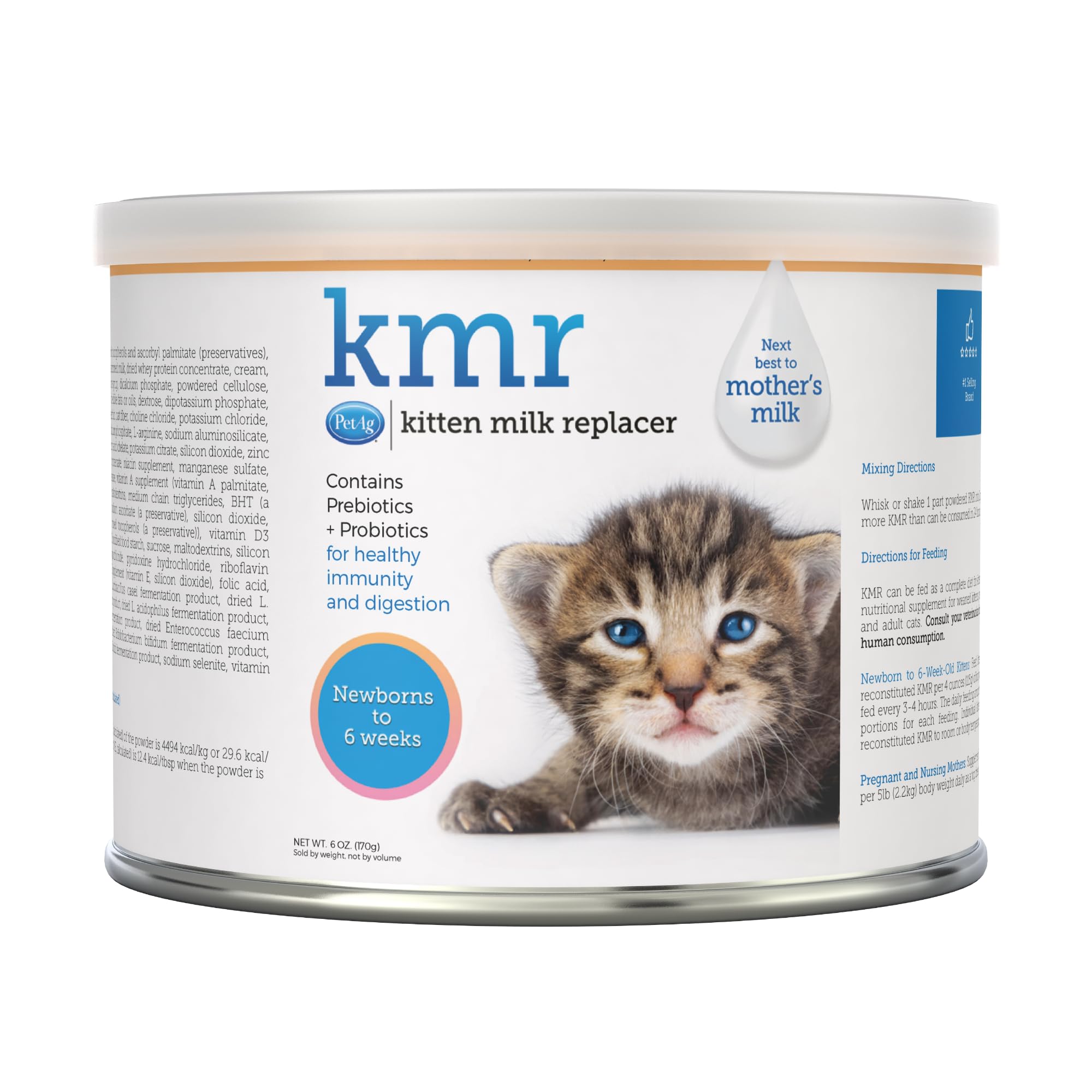 PetAg KMR kitten milk replacer powder container offers easy measuring for quick feeding.