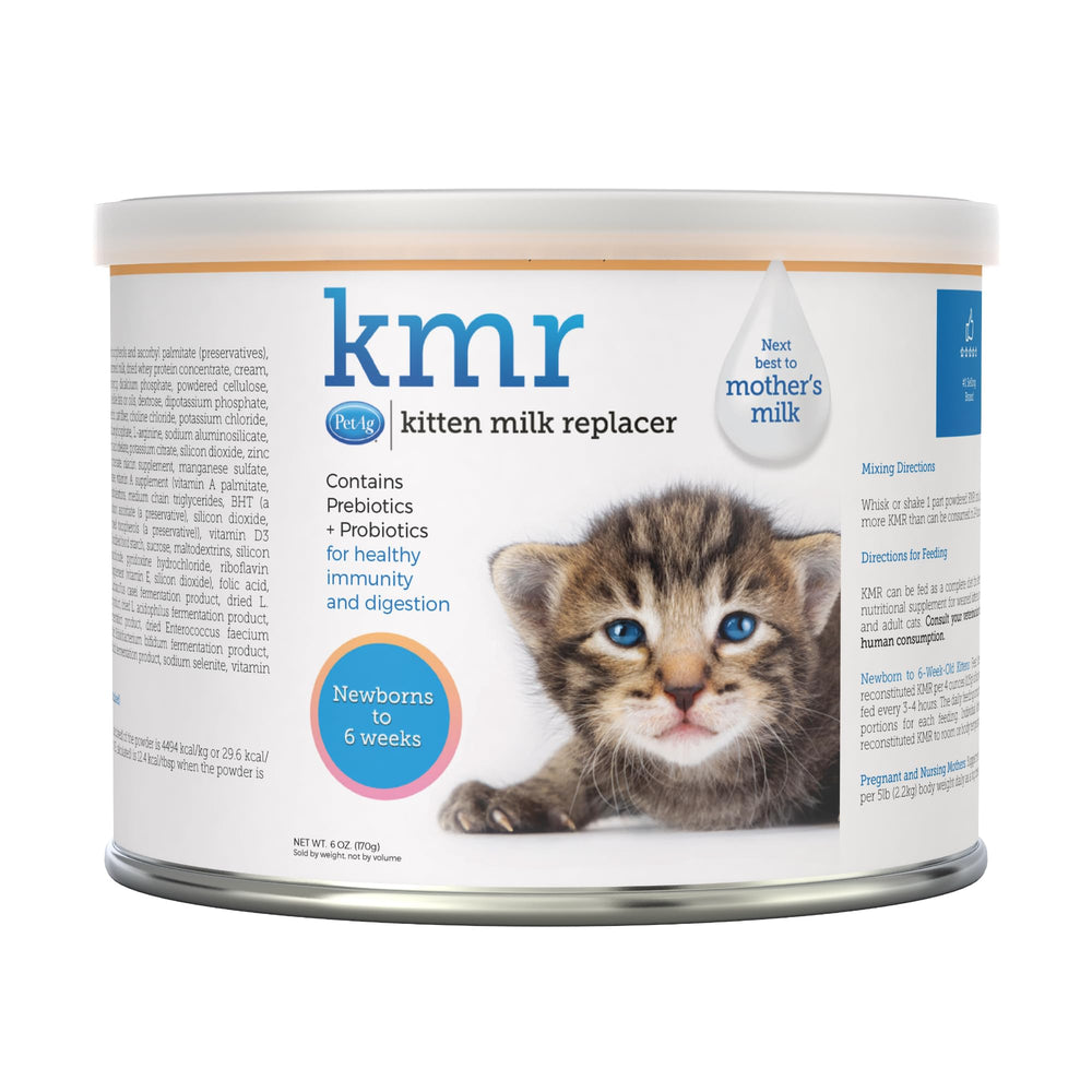 PetAg KMR kitten milk replacer powder container offers easy measuring for quick feeding.