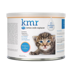 PetAg KMR kitten milk replacer powder container offers easy measuring for quick feeding.