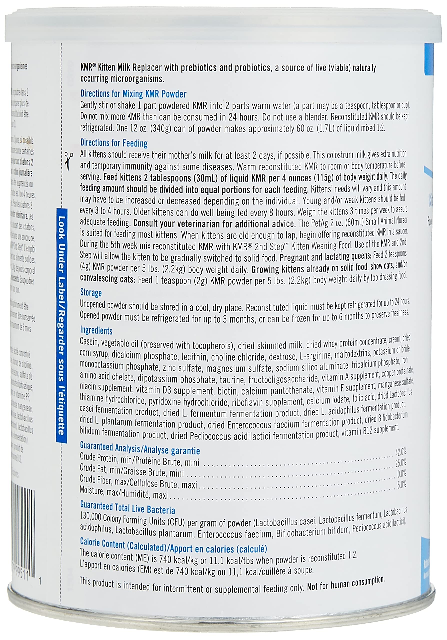 PetAg KMR ingredients highlight prebiotics, probiotics, vitamins and minerals.