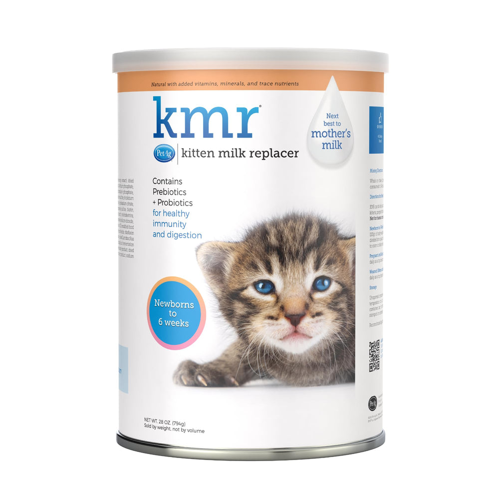 PetAg KMR kitten milk replacer tub shows reliable nutrition for newborn kittens.