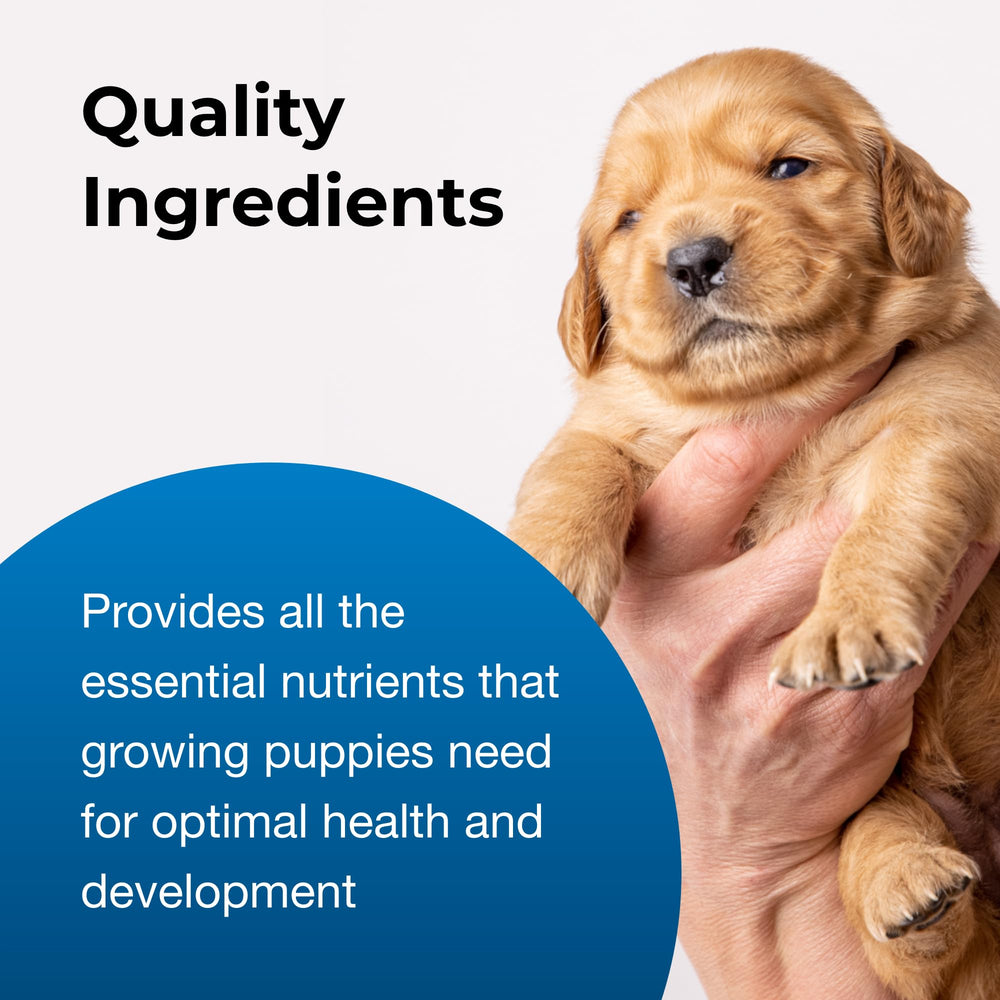 PetAg newborn-puppy care scene emphasizing gentle, balanced nutrition for early life.