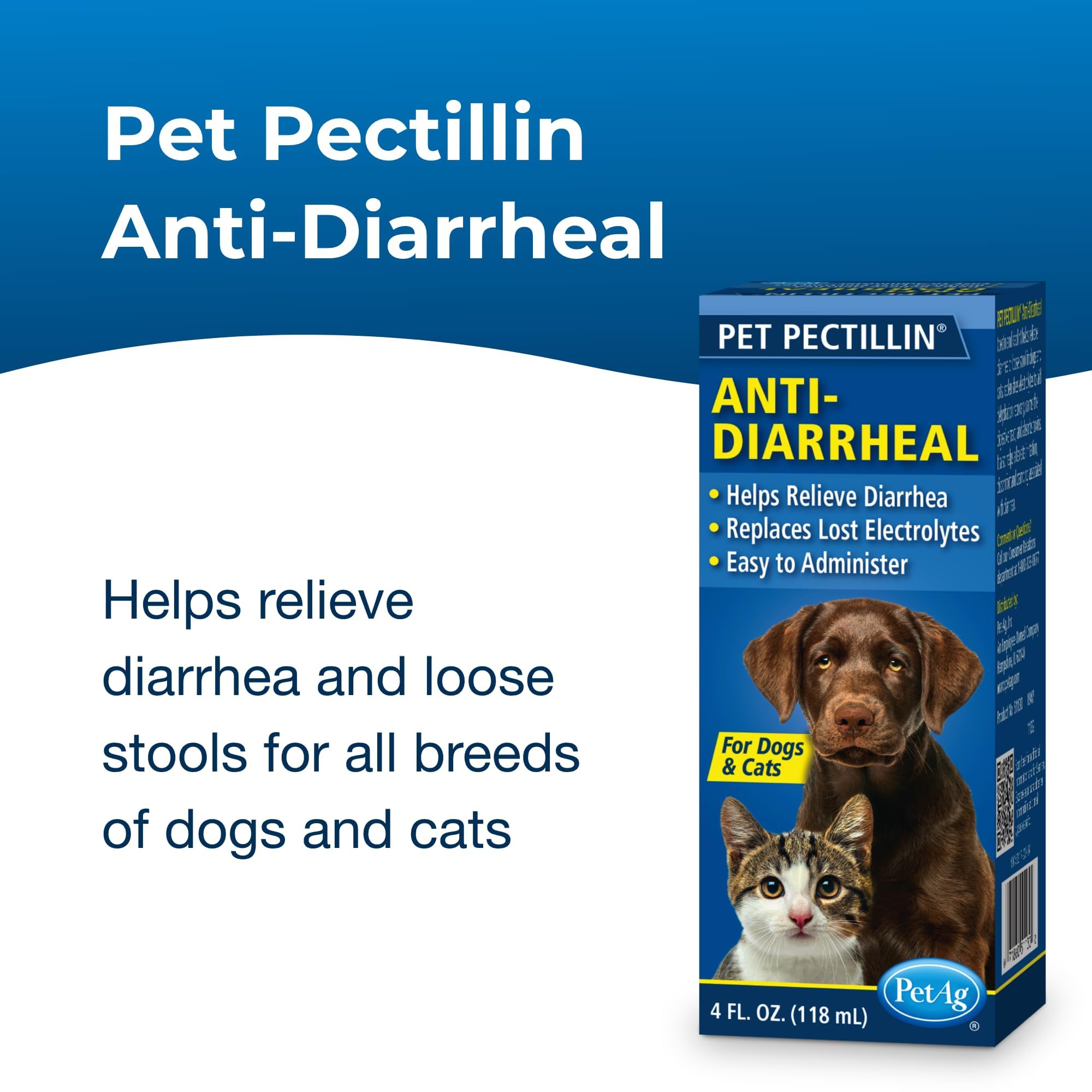 PetAg Pet Pectillin bottle side-label shows dosing guidance for pets