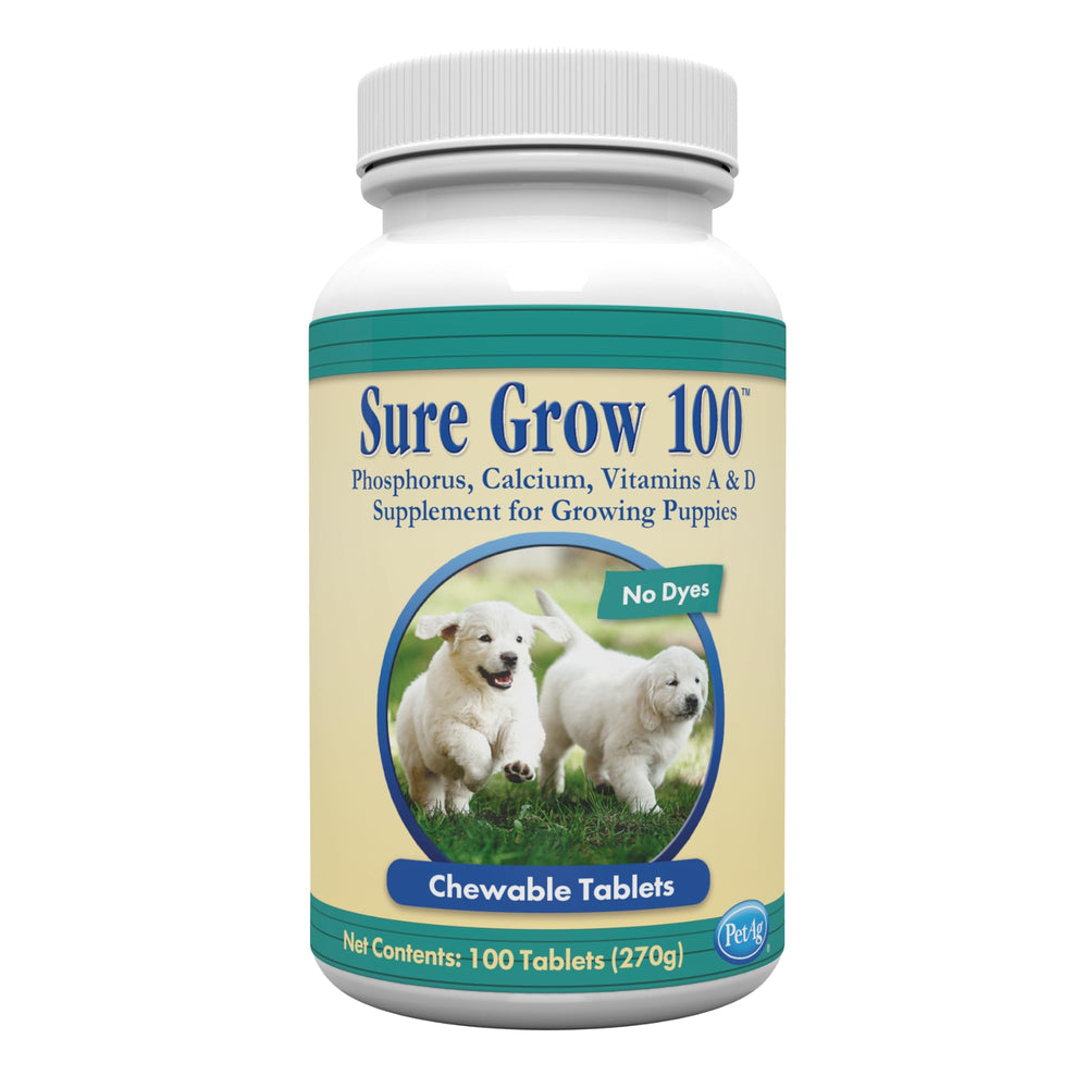 PetAg Sure Grow 100 bottle with tablets showing growth-support for puppies