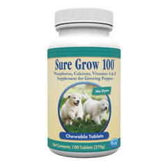 PetAg Sure Grow 100 bottle with tablets showing growth-support for puppies