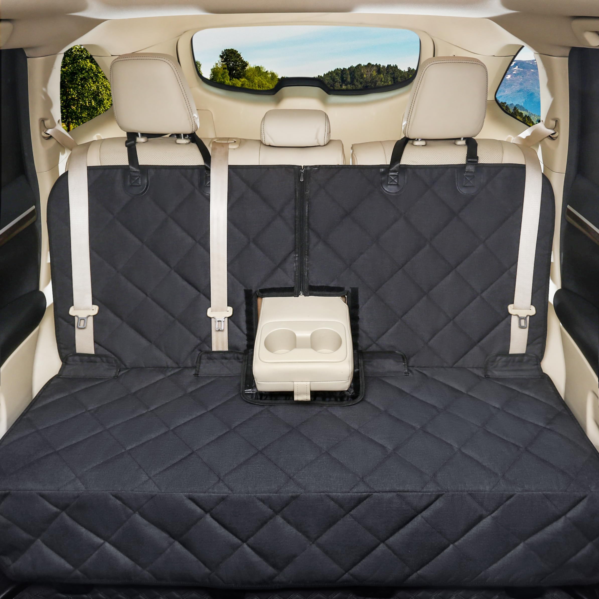 petalage Bench Dog Seat Cover closeup shows waterproof material safeguarding seats from spills.