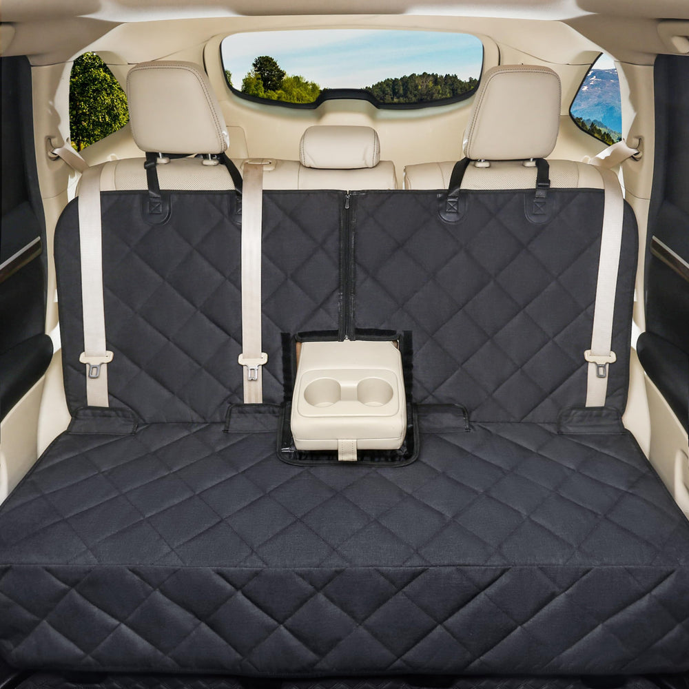petalage Bench Dog Seat Cover closeup shows waterproof material safeguarding seats from spills.