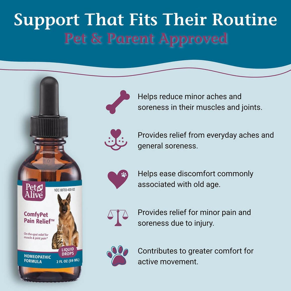 PetAlive ComfyPet-label-closeup highlights USA-made, alcohol-free homeopathic blend.