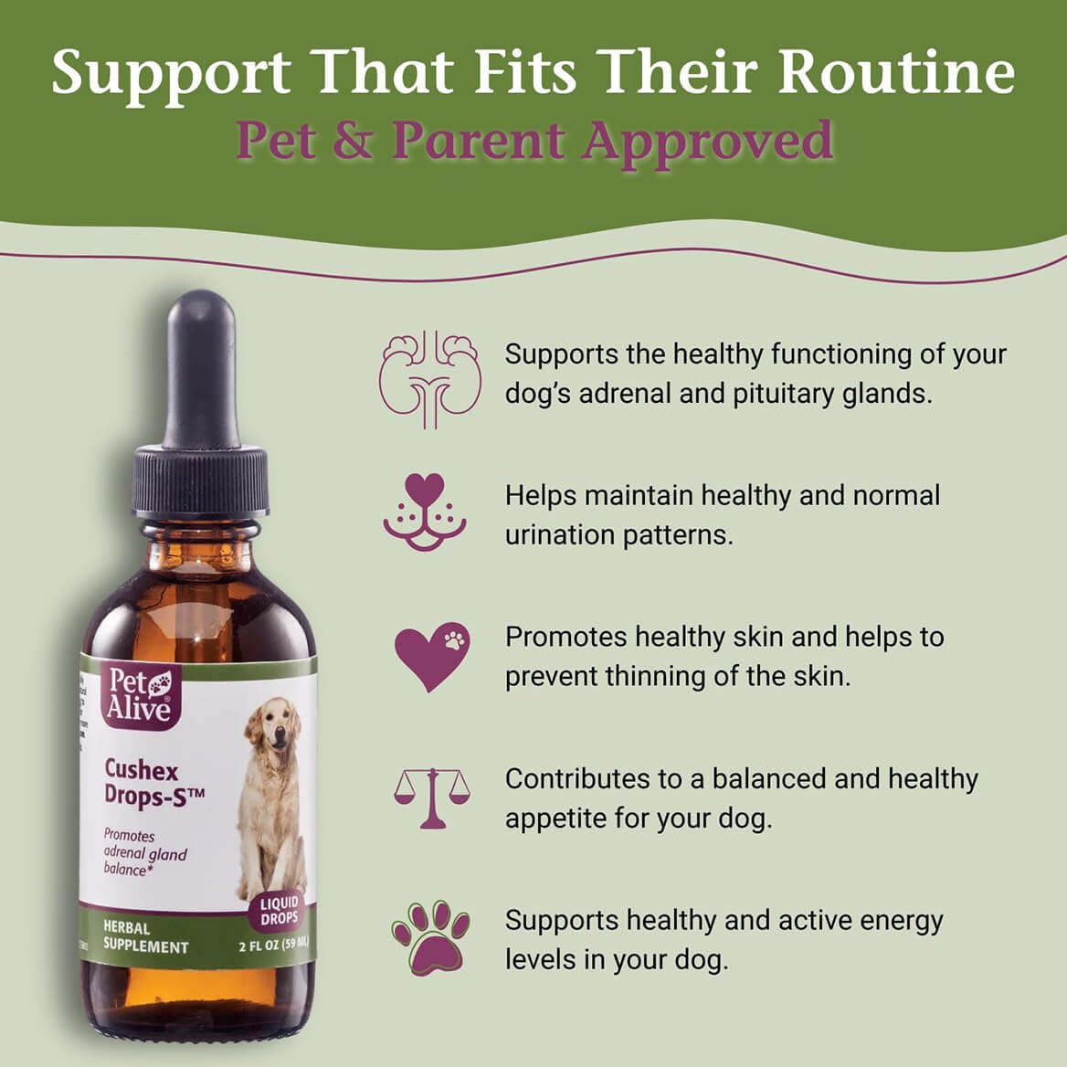 PetAlive Cushex Drops-S dropper ready for easy dosing.