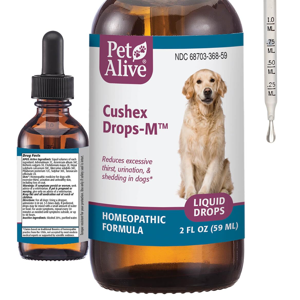 PetAlive Cushex Drops-M bottle-front image suggests natural support for adrenal balance in dogs and cats.