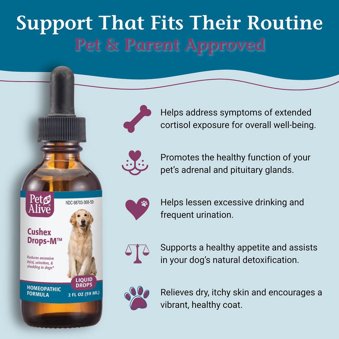 PetAlive Cushex Drops-M dog-use image highlights hydration-friendly drop dosing for long-term support.