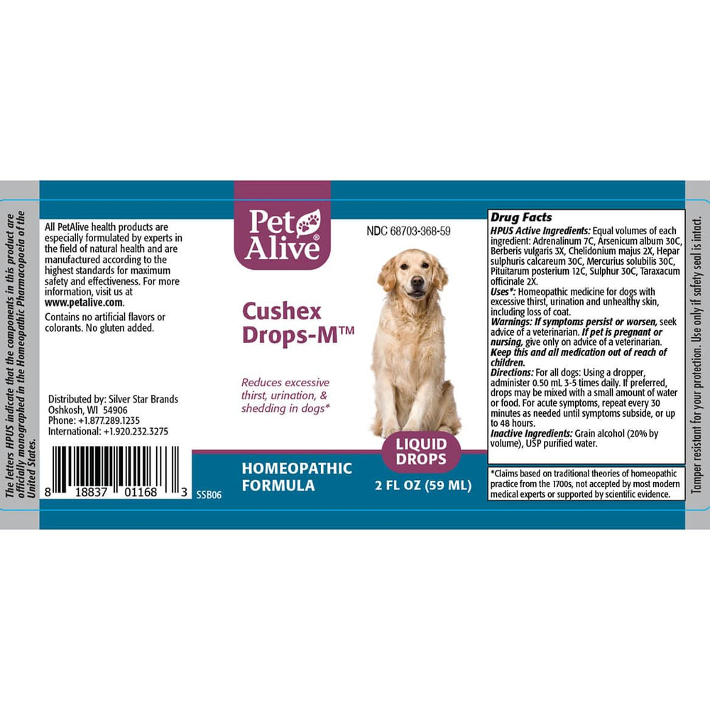 PetAlive Cushex Drops-M facility-shot noting FDA-registered, cGMP-compliant production.